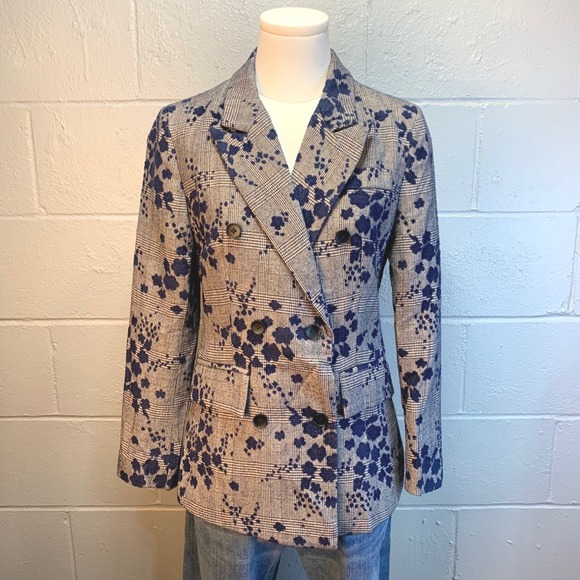 Step Up Jackets & Blazers - New Step Up Linen Silk Floral Houndstooth Blazer Blue Gray Women's Size 8 (38)